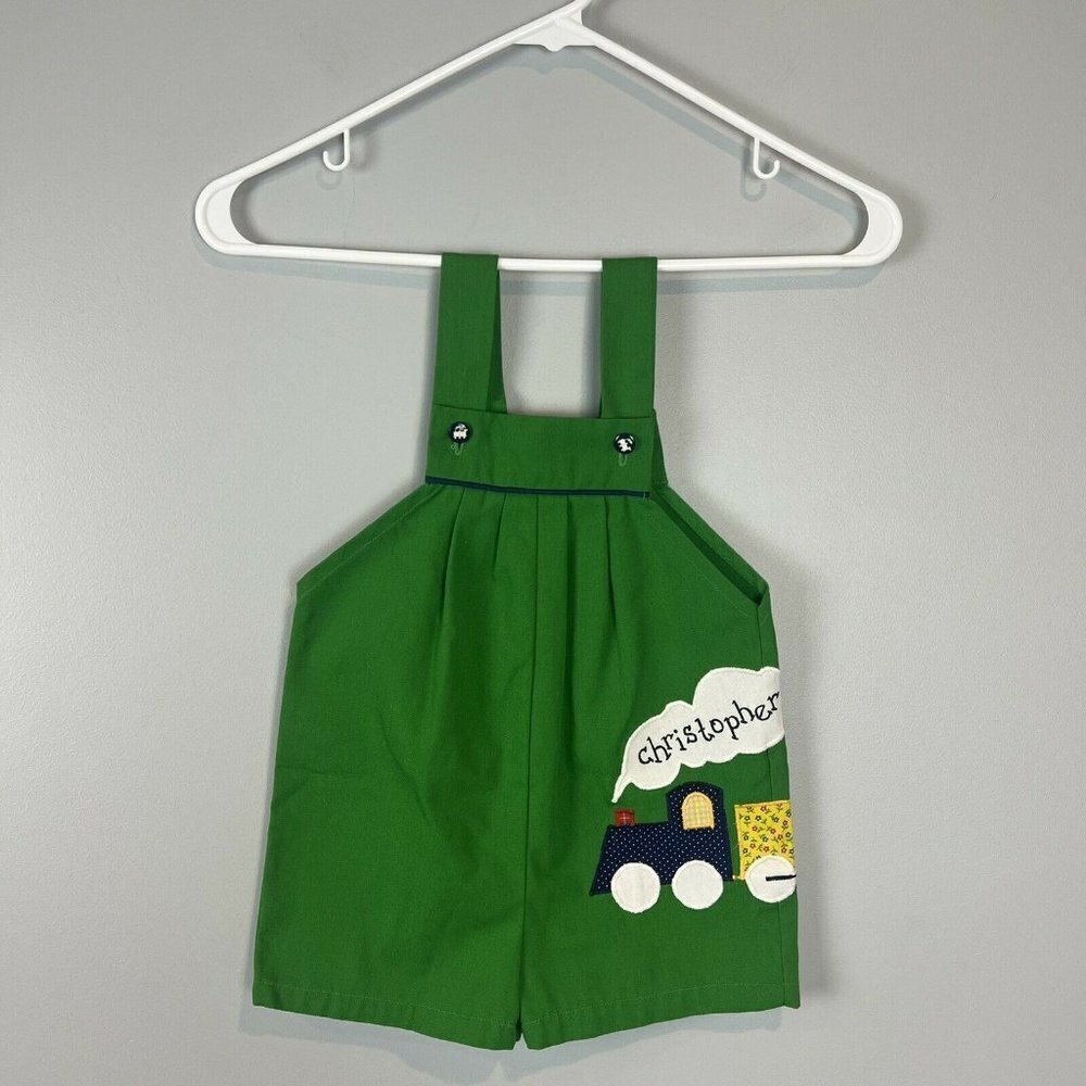 Vtg Homemade Baby Boy‎ Overalls Jumpsuit Green Train Christopher